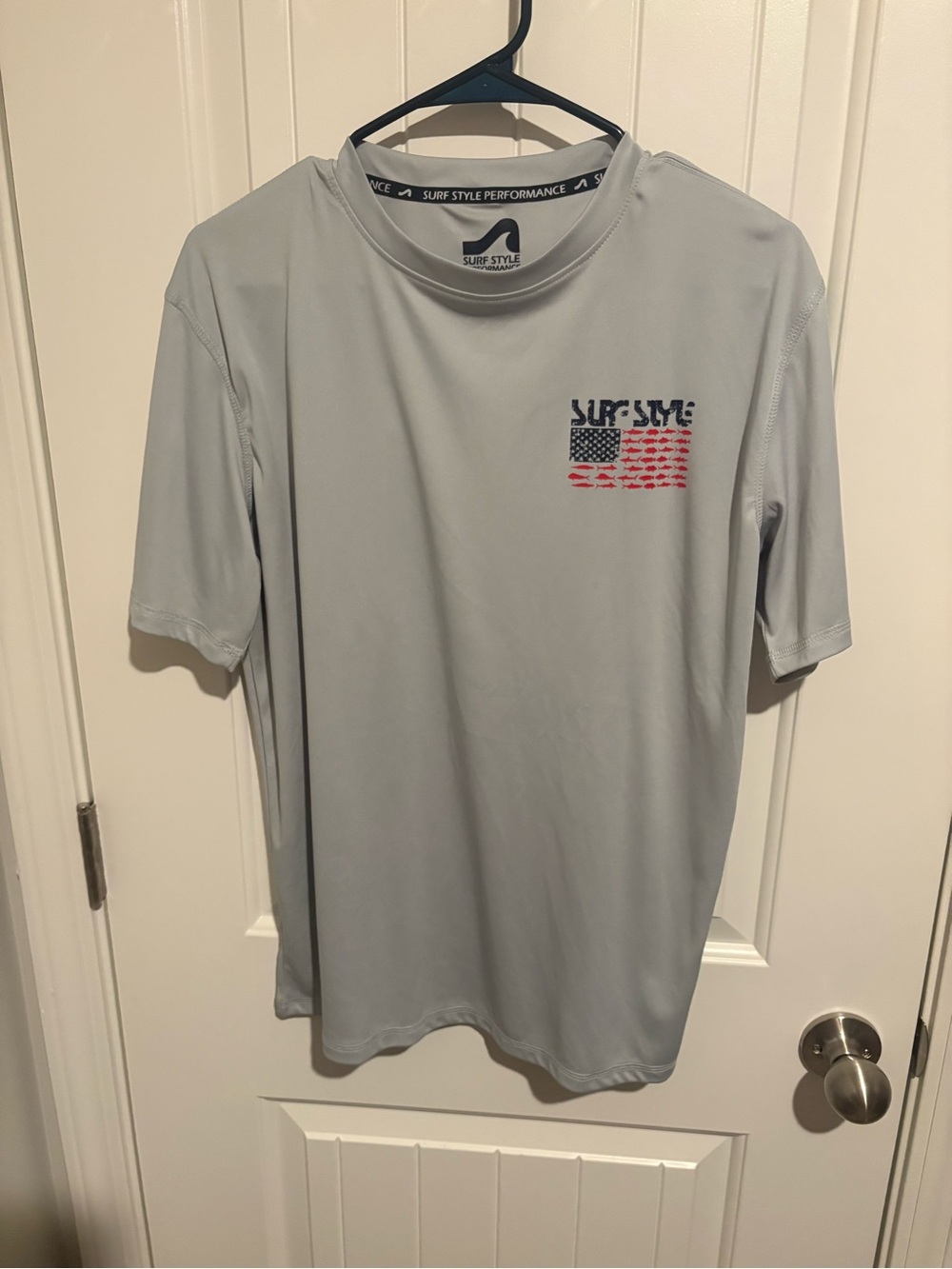 surf style Light Gray Women’s Swim Coverup Shirt with Flag Graphic